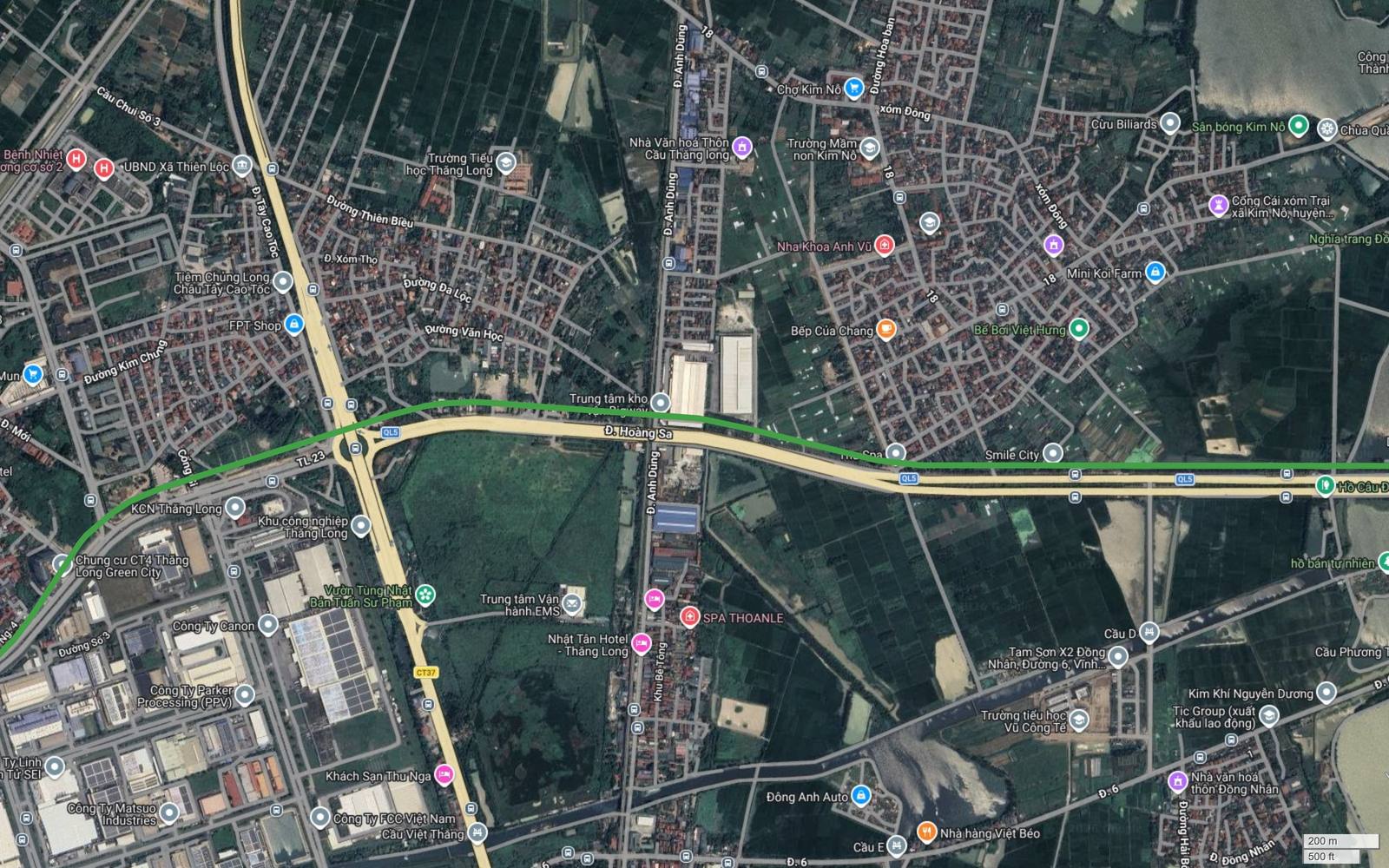 Tuyến metro số 4 Hà Nội rời trục Hoàng Sa tại nút tỉnh lộ 23 và ôm rìa bắc Khu công nghiệp Thăng Long, cạnh Thăng Long Green City